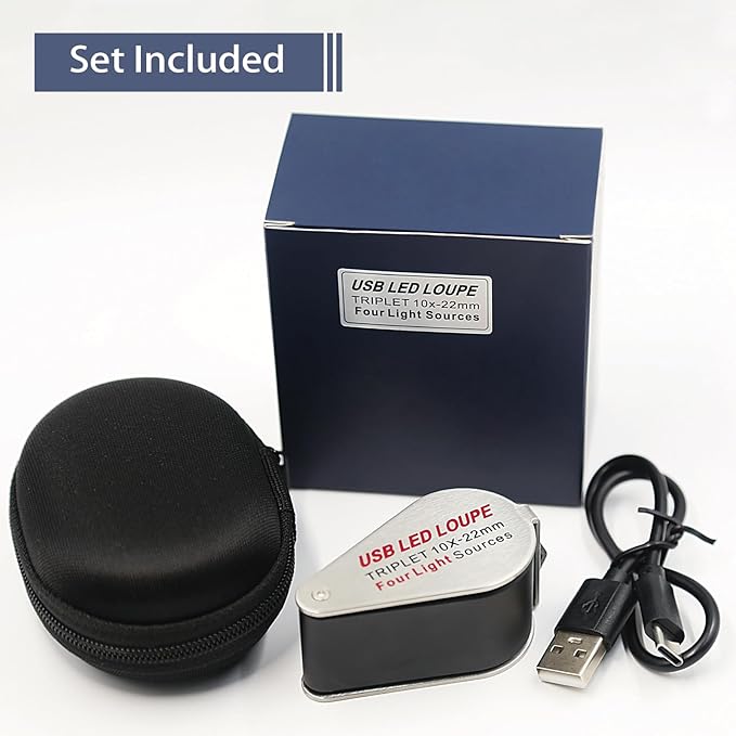 10X Rechargeable Jewelers Loupe with UV & LED Lights, Four Light Modes, Illuminated 22mm Eye Loop Magnifier Pocket Folable Jewelry Magnifying Glass for Jewelry, Currency, Gemstone, Coins, Stamps