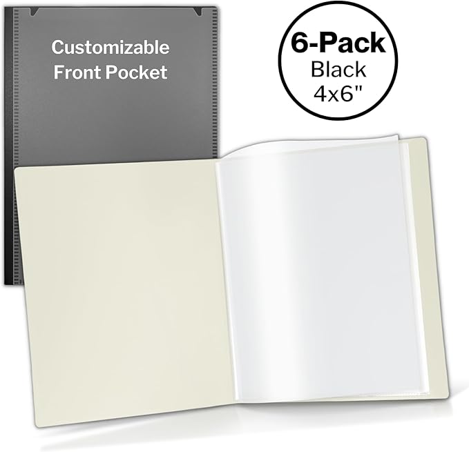 CRANBURY Small Photo Album 4x6 (Black), 6-Pack 4 x 6 Photo Book, 24 Pockets Shows 48 Pictures, Mini Plastic Picture Album Binders with Customizable Cover