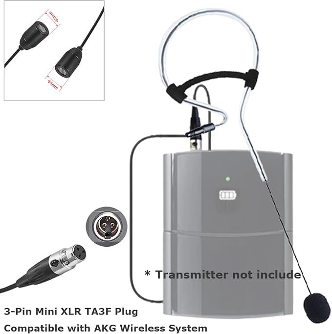 Black Single Earset Headset Microphone Headworn Over Ear Hanging Condenser Mic Compatible with AKG Wireless Bodypack Transmitter System with Mini XLR 3 Pin TA3F Plug