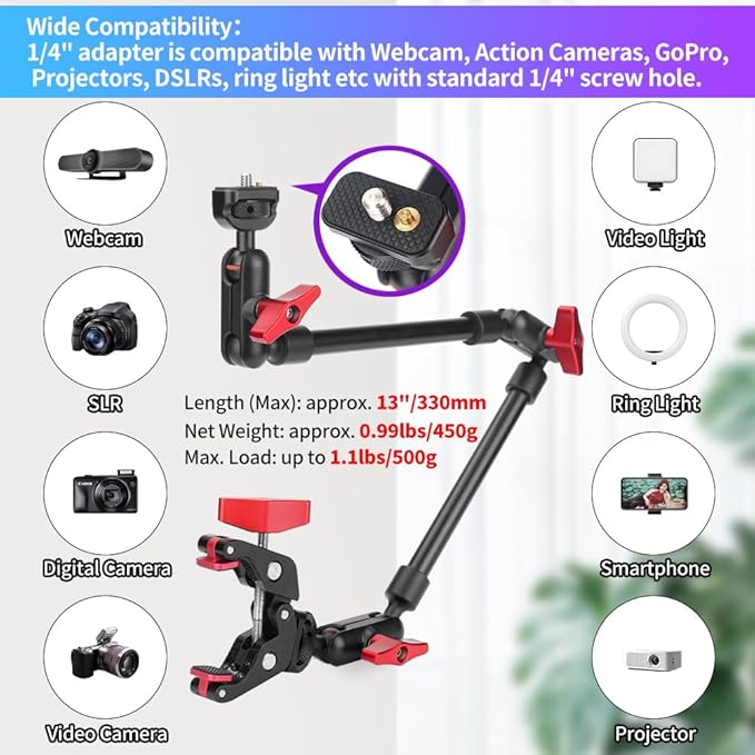 22" Magic Arm Camera Mount, Articulating Arm Tripod Clamp w Thread Adapter, Friction Camera Boom Arm, Overhead Desk Mount Clamp Stand for Phone, Webcam, Mic, Video Rig, Tripod Light