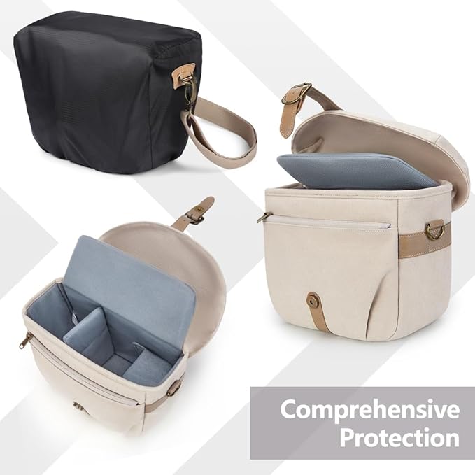 BAGSMART Camera Bag, SLR DSLR Canvas Crossbody Camera Case, Compact Camera Shoulder Bag with Rain Cover for Women and Men, Ivory White
