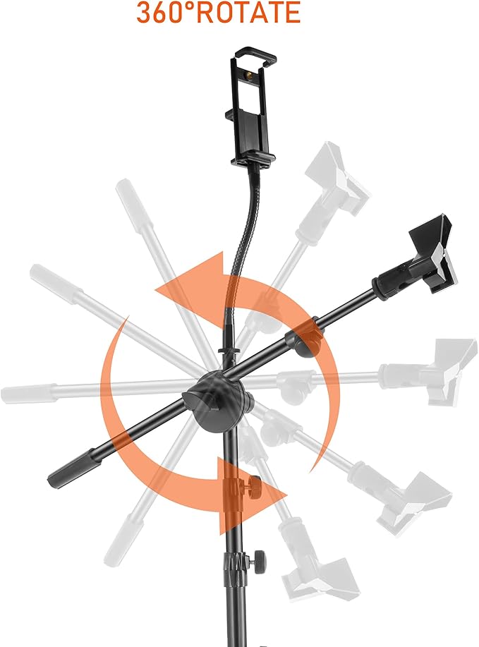 Microphone Stand with IPAD Clip, Floor Foldable Mic Stand with Phone Clip,Heavy Duty Tripod Boom Arm with 2 Mic Clips and Carrying Bag for Singing Karaoke Stage