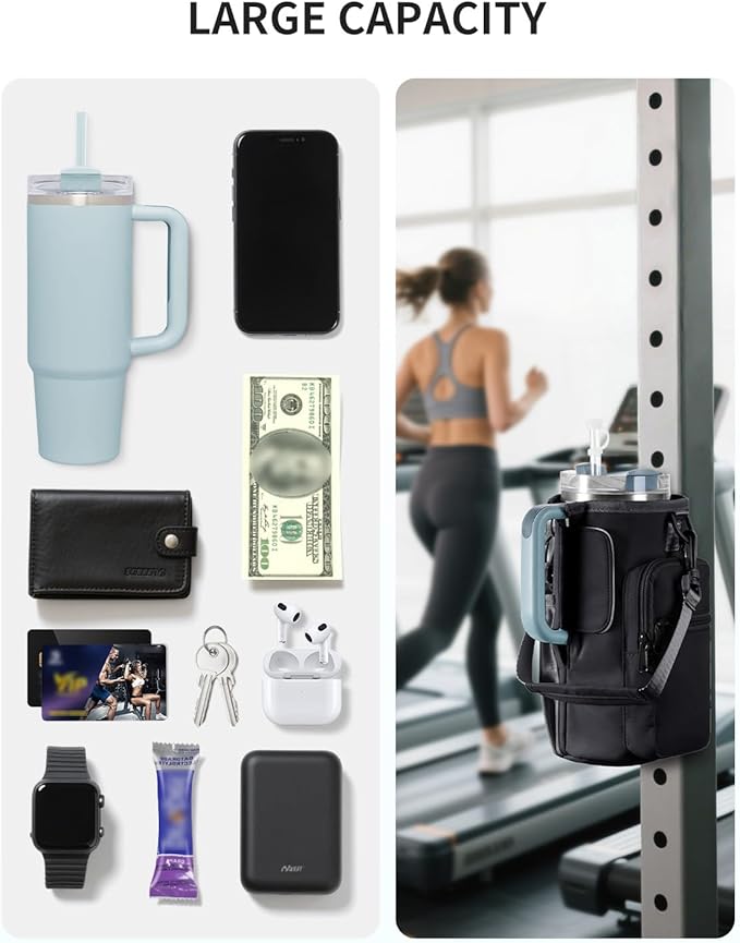 sportsnew Magnetic Gym Bag for Women Men, Water Bottle Carrier Holder with Strap & Phone Pockets for 40oz Tumbler with Handle, 4 Built-in Magnets Small Gym Bag for Sports, Workout, Fitness, Walking