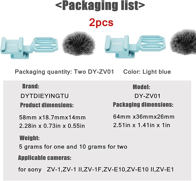 The 2-Piece Set of DY-ZV01 top Microphone Windproof Sponge Wool Cover Cold Shoe Accessories is Suitable for Sony Cameras ZV-1, ZV-1 II, ZV-1F, ZV-E10, ZV-E10M2 and ZV-E1 (DY-ZV01 2PCS)