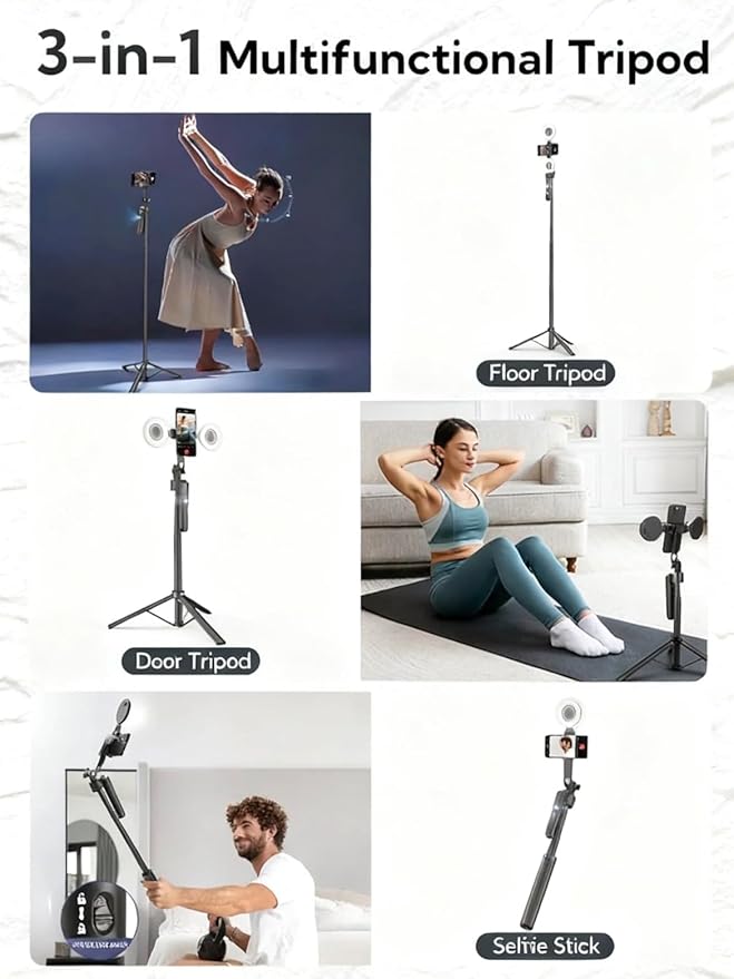 Black Tripod for iPhone with Light, Ring Light Holder for iPhone, Adjustable Selfie Stick Stand with Fill Light, Extendable Phone Tripod for Video Recording, Live Streaming, and Photography