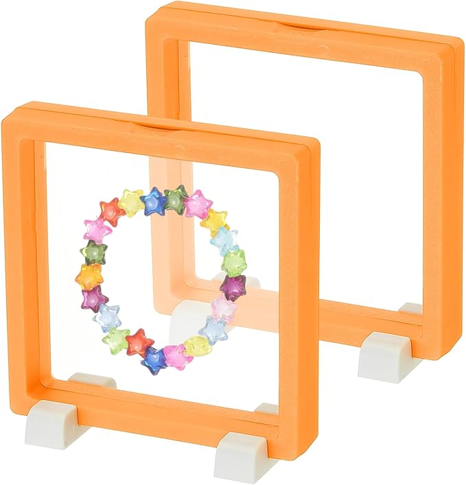 PATIKIL 2Pcs Floating Display Case, 4.3 Inch Jewelry Display Case Stand Challenge Coin Holder Frames Transparent Small Storage Box 3D for Necklace Bracelets Pendants, Orange/White