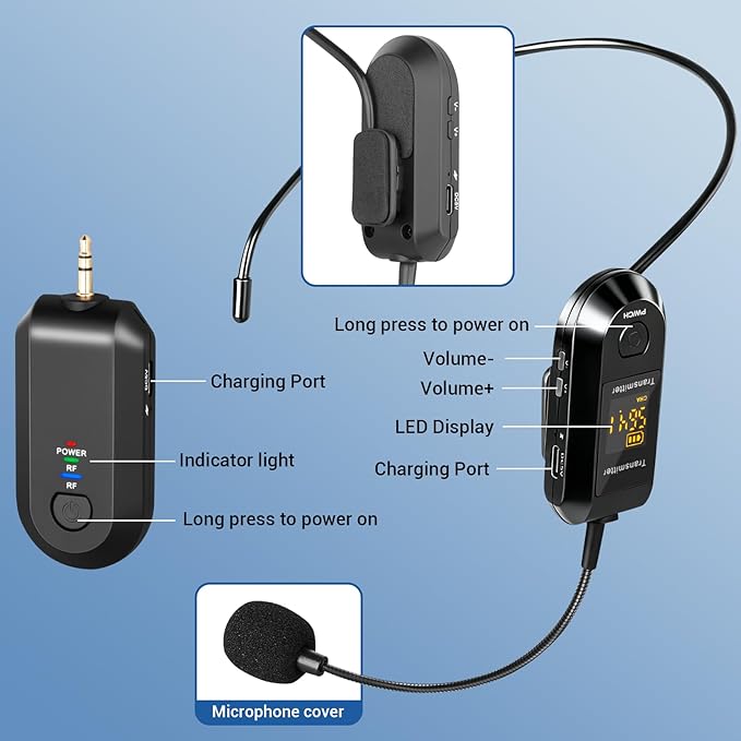 Depusheng 2.4G Wireless Microphone Headset,Lavalier and Handheld Mic 160ft Range,with 1/8''&1/4'' Plug for PA System,Voice Amplifier (Two Headset Microphone)