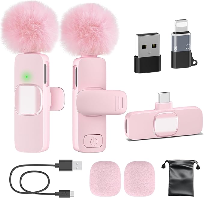 PoP voice USB C Pink Mini Microphone for iPhone 16/15/14/Android, Wireless Lavalier Microphone with Noise Reduction, Lapel Lav Mic for Vlog YouTube TikTok Recording, 12H, 65ft