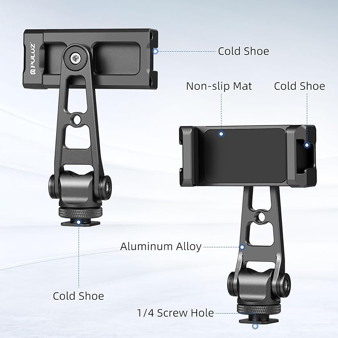 PULUZ Tripod Phone Mount, Universal Smartphone Mount Adapter Rotatable Bracket with 1/4 inch Screw, 360° Rotates and 180° Tilts Adjustable Cell Phone Clamp Holder for Mobile Photography