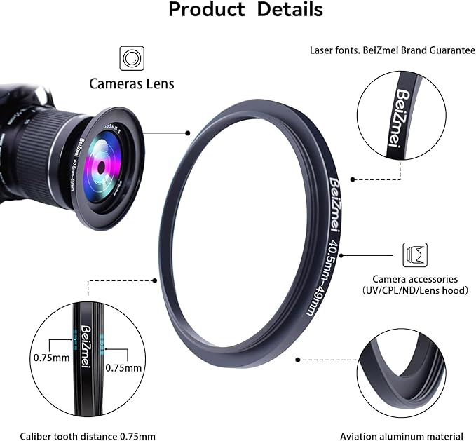 40.5mm to 49mm Camera Filters Ring,Filters Ring Compatiable All Brands Ø40.5mm Lens to Ø49mm UV ND CPL Camera Filter Accessory.Made of CNC.