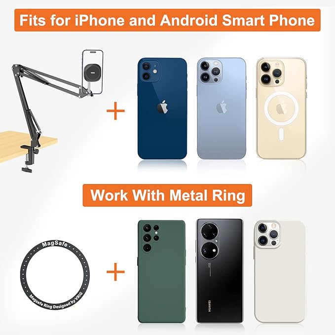 VRIG Overhead Phone Mount Stand with Magsafe, Articulating Arm Cell Phone Holder for Desk, Cell Phone Holder for Live Streams, Zoom Calls, Online Teaching, Selfies, Remote Working