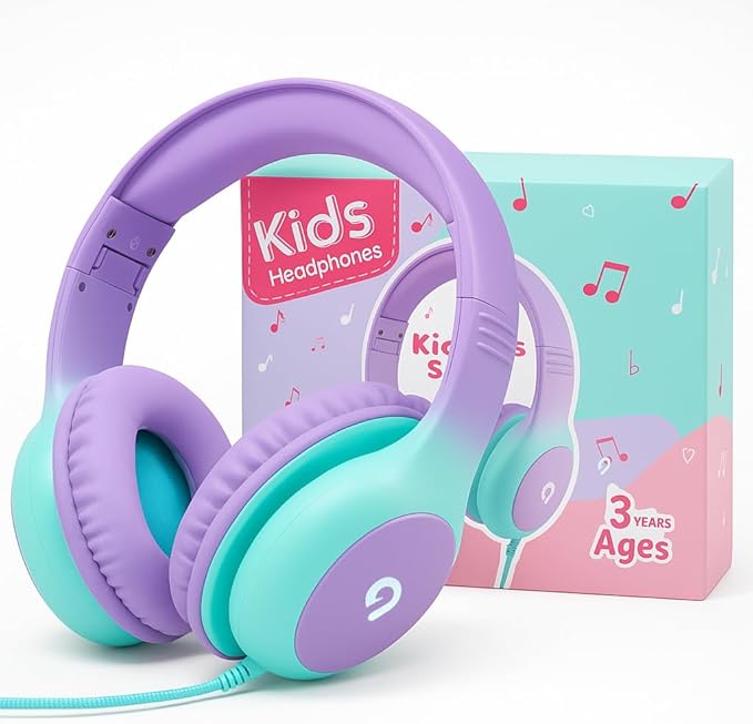 Wired Kids Headphones with USB C Plug, 85dB Safe Volume, Adjustable Headband, Tangle-Free Cord Headphones for School, Tablet, Travel (Lavender & Mint Green, Without Microphone)