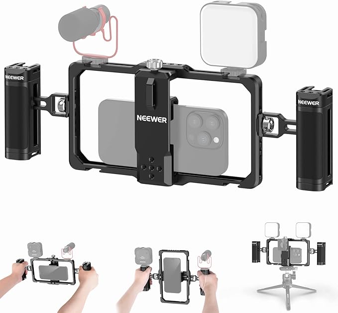 NEEWER Upgraded Phone Rig Vlogging Kit, Video Stabilizer with Dual Handle, Wireless Mic Clip Slot for TikTok YouTube, Compatible with SmallRig iPhone 17 Pro Max 16 16e 15 Galaxy S25 Ultra, PA009