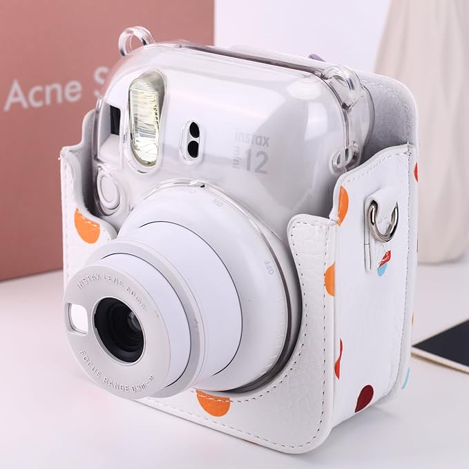 Frankmate Protective Case Fit for Fujifilm Instax Mini 12 11 9 8 Camera, PU Leather Camera Bag with Pocket and Adjustable Shoulder Strap (Polka Dot)