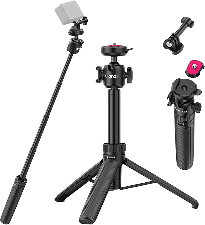 ULANZI MT90 Action Camera Tripod Stand Vlog Handle Grip with Cka Quick Release w Ballhead w Cold Shoe, Camera Desktop Tripod for GoPro Hero, Insta360, DJI Osmo Pocket/Action/360, Small Cameras