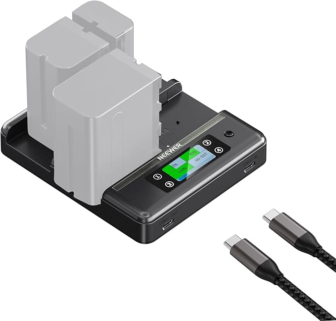 NEEWER NP-F970 4 Channel Charger with Smart Power Consolidation Compatible with Sony NP-F550 750 Camcorder NPF Camera Battery, PD100W Fast Charging/Dual USB C/OLED Display/100W Type C Cable, NW-F4R