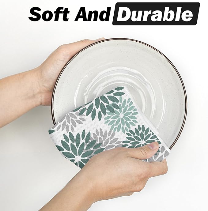 Artoid Mode Green Dahlia Floral Bar Kitchen Towels, 12x24 Inch Quick Dry Microfiber Cloth Dish Towels for Kitchen Drying Set of 2