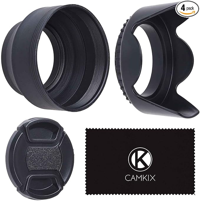 67mm Set of 2 Camera Lens Hoods and 1 Lens Cap - Rubber (Collapsible) + Tulip Flower - Sun Shade/Shield - Reduces Lens Flare and Glare - Blocks Excess Sunlight (67 mm, Rubber Hood + Tullip Hood + Cap)