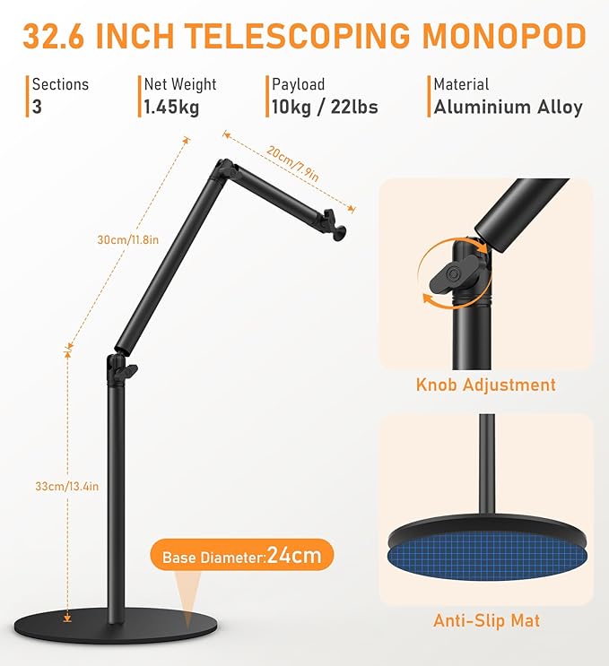 Camera Round Base Mount Desk Stand, Flexible Aluminum Photography Floor-Standing Light Monopod Stand Phone Holder with 1/4" 3/8'' 5/8'' Screw for DSLR Camera, Light, Webcam, Live Streaming, Vlogging