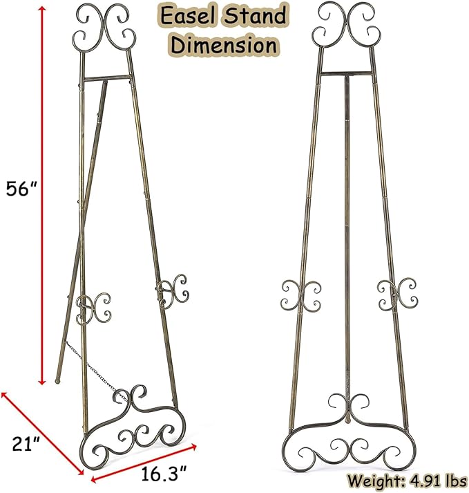 56" H Metal Scroll Extra Large Free Standing Adjustable Display Easel, Vintage Decorative Floor Display Stand Easel with Chain Support for Picture Frame Wedding Sign