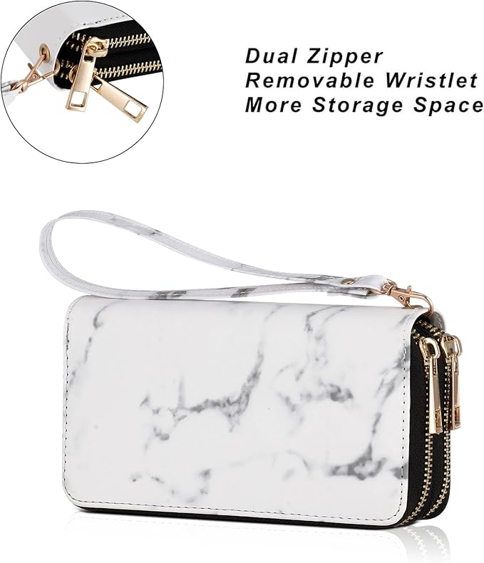 Cellphone Wallet for Women Dual Zipper Long Purse with Removable Wristlet