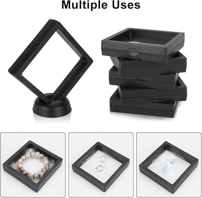 12PCS 3D Floating Frame Case with Stands, Challenge Coin Display Stand Holder, Gift Packing Frame Showcase for Earrings, Jewelry, Medallions, Specimens, 3.54x3.54 Inch (Black)