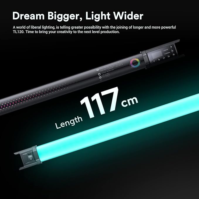 Godox TL120 RGB Tube Light, 2700K-6500K Rechargeable Dimmable Full Color LED Video Light Stick, CRI 96, TLCI 98 with Built-in 5200mAh Battery and APP DMX Control