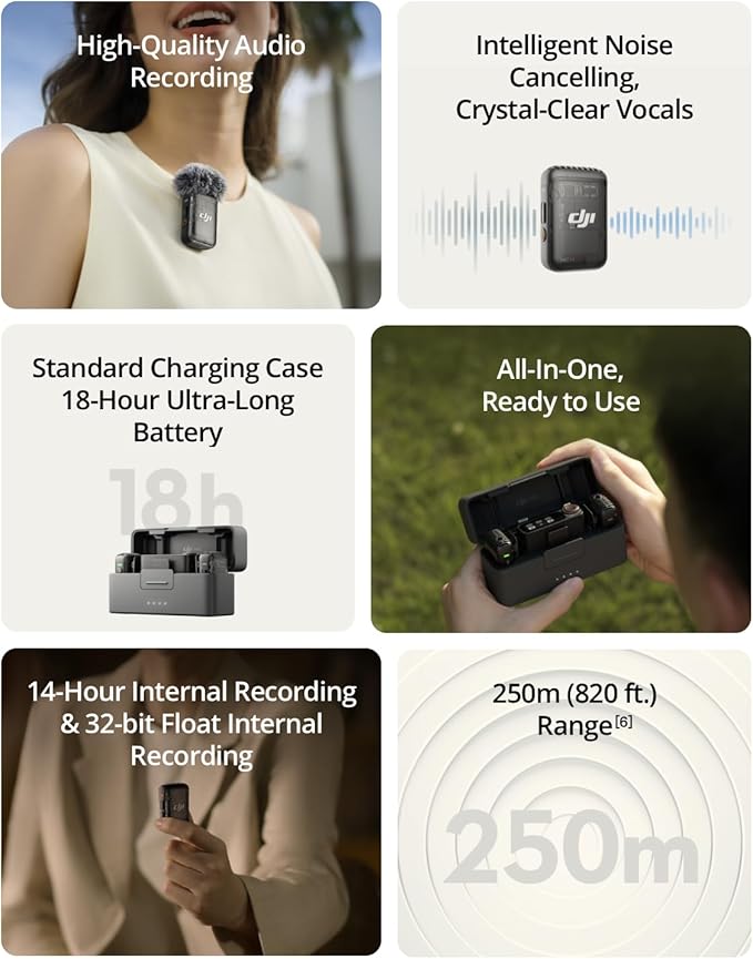 DJI Mic 2 (2 TX + 1 RX + Charging Case), Wireless Lavalier Microphone, Intelligent Noise Cancelling, 32-bit Float Internal Recording, 820 ft.(250m) Range, Microphone for iPhone, Android, Camera