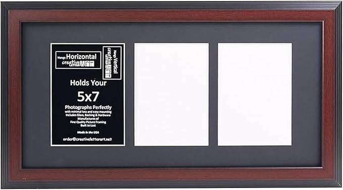 Creative Letter Art 3 Opening Mahogany Picture Frame with Glass to hold 5 by 7 inch Photographs including 10x20-inch Black Mat Collage
