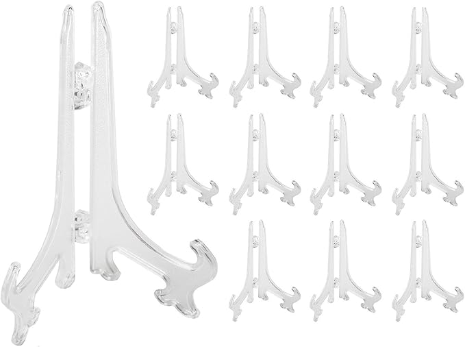 Super Z Outlet Plastic Easels 12 Pack Clear Easel Stands Easel Display Stand for Photo, Place Card, Collectibles, Light Items - Perfect for Wedding Cards, Party, Home, Party Decorations (5 Inches)