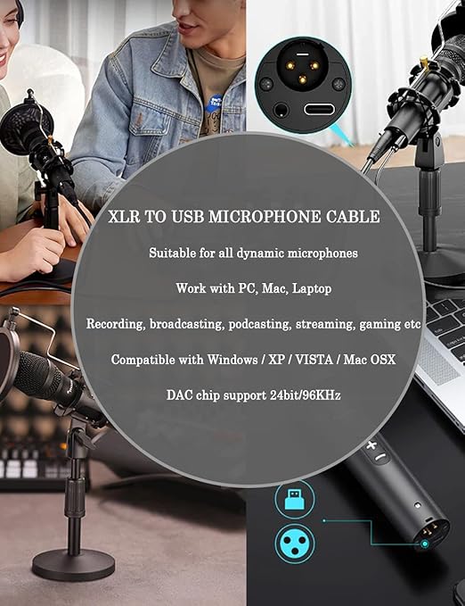 DUKABEL USB Microphone Cable, Upgraded XLR to USB-A Cable with 24bit/96KHz XLR Recording Cable for Podcasting Recording, 1.8M/6FT Mic Adapter for PC, Laptop