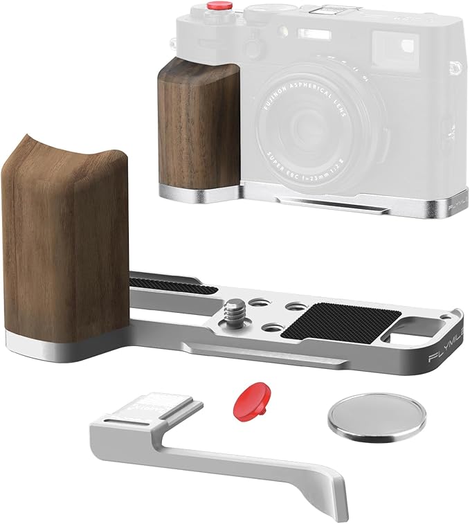 Grip Accessories for FUJIFILM X100VI / X100V, L-Shape Handle with Arca-Swiss Quick Release Plate & Metal Thumb Grip Hot Shoe Cover & 2 Shutter Buttons Fuji X100VI / X100V Accessories (Silver)