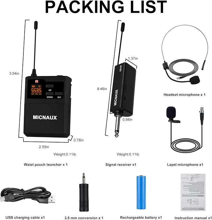 Wireless Lapel Microphone System with Headset & Lavalier Mics, UHF Bodypack Transmitters, Mini Rechargeable Receiver, 48 Channels in 500MHz, 260ft Range, Plug & Play for Wedding Speech Church
