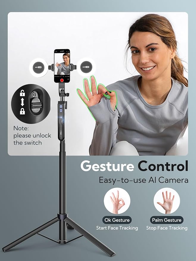 USKEYVISION Auto Face Tracking Tripod 360 Rotation,Phone Tripod for iPhone w/Fill Light,Selfie Stick for iPhone w/Remote Control,70” Phone Holder Video Recording for Content Creators TikTok(UTK-02)