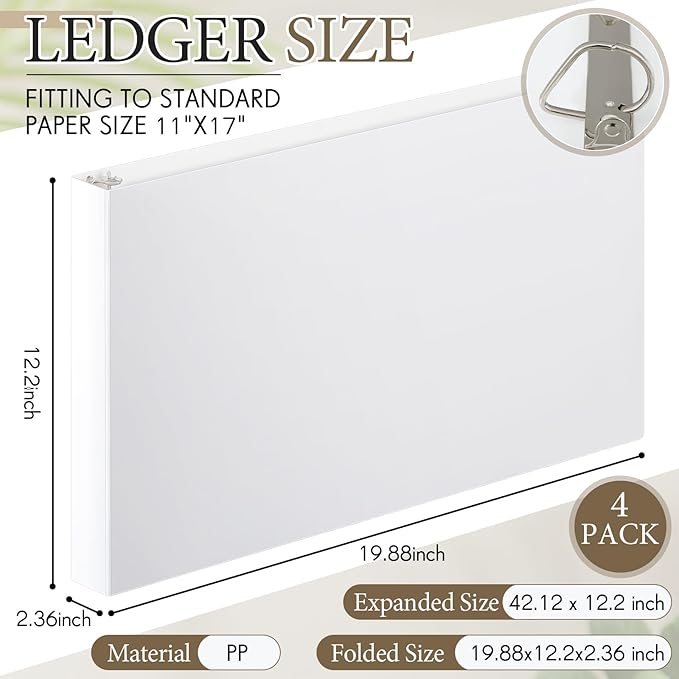 Humyoun 4 Pcs 11 x 17 Inch 3 Ring Binders 2 Inch Rings Heavy Duty View Plastic Flexible D Ring Binders Economy Holds 11" x 17" Paper for Artwork Blueprints, Office, Home, Work Places(White)