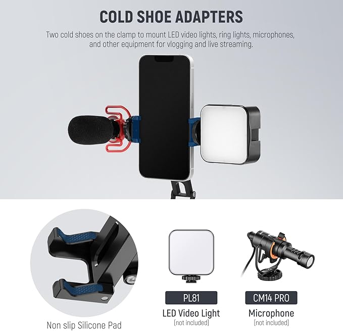 NEEWER Phone Tripod Mount with Cold Shoes, Metal Smartphone Tripod Adapter Compatible with iPhone, Multi Angle Tri Fold Cell Phone Holder, Handheld Phone Grip for Streaming Vlog SP-04