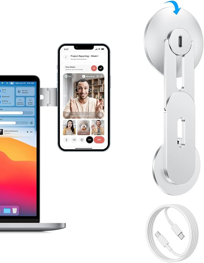 Magnetic Phone Holder for Laptop, MagSafe Laptop Phone Mount with Wirelesss Charger for iPhone 17/16/15/14/13/12, Magnetic Phone Mount for Tesla Model 3 Model Y/X/S (Silver)