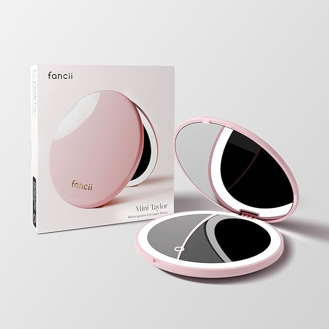 Fancii Mini Taylor Compact Magnifying Mirror with LED Light, 10x/1x, Rechargeable, 3 Light Settings, Dimmable - Small Lighted Travel Handheld Mirror for Pocket, Handbag, Purse, 2-Sided (Petal Pink)