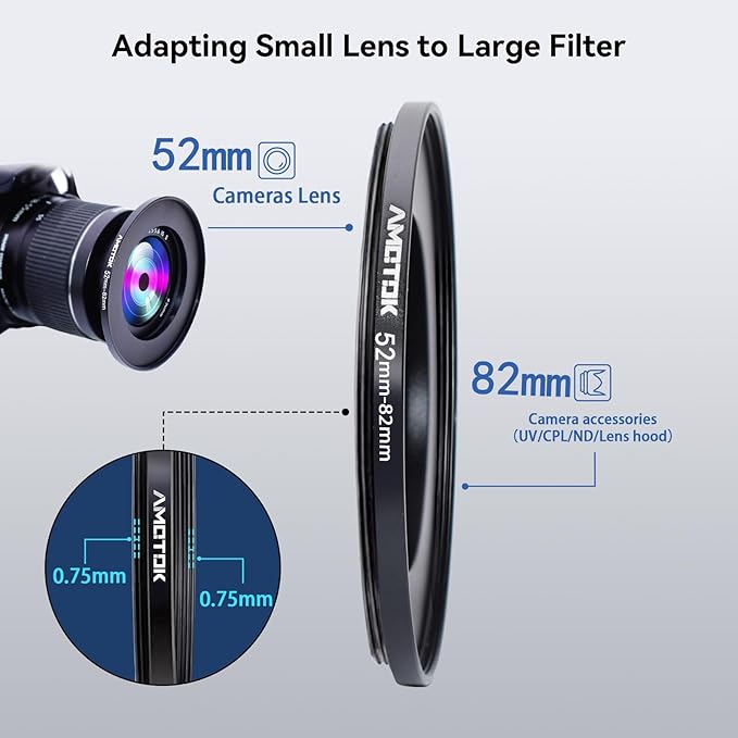 52mm Lens to 82mm Camera Filters Ring Compatible All 52mm Camera Lenses to 82mm UV CPL ND Filter Accessory and 82mm Lens Hood(52-82mm)