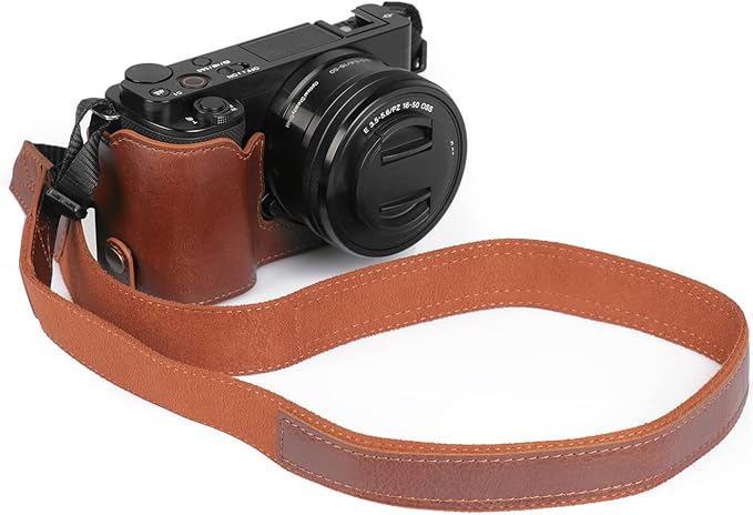 MegaGear Ever Ready Genuine Leather Camera Half Case Compatible with Sony ZV-E10 (Brown)