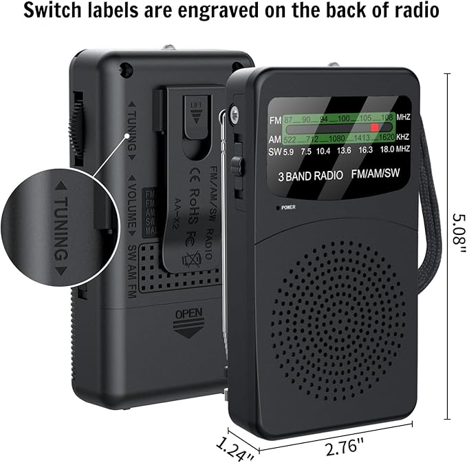 FM AM SW Back Clip Pocket Radio, Battery Operated Mini Radios, Portable Shortwave Transistor Radio with Emergency LED Flashlight & Headphone Jack for Elder/Kids