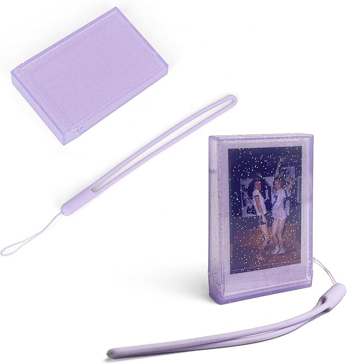 2 Pack Travel Photo Holder for Fujifilm Instax Mini 7+/8/9/11/12/40/90/EVO, 3 in Photo Storage Case, Camera Clear Photo Protective Box with Wrist Lanyard, Postcard Display Frame (Purple glitter)