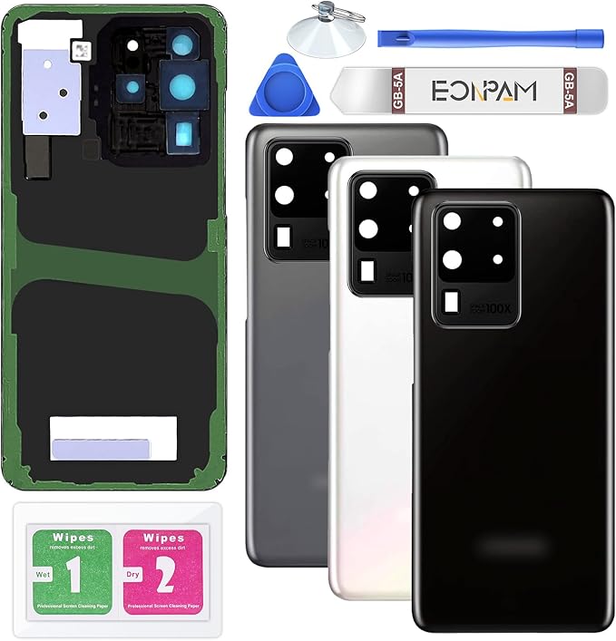 Back Glass Replacement for Samsung Galaxy S20 Ultra SM-G988 Back Cover Rear Housing with Camera Lens + Repair Tool Kit Genuine Rear Glass (Black)