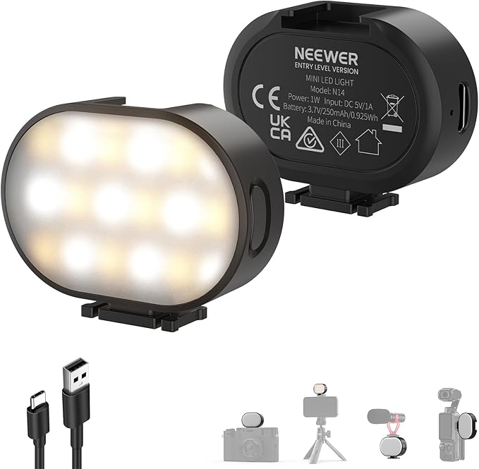 NEEWER ENTRY LEVEL VERSION Magnetic Camera Auxiliary Light for Vlog, 1W Plastic Small Cold Shoe LED Panel Lighting for Phone Cage Action Cam AC024 OSMO Pocket 3 Mount & M21, 3 Modes CRI95+ 250mAh, N14