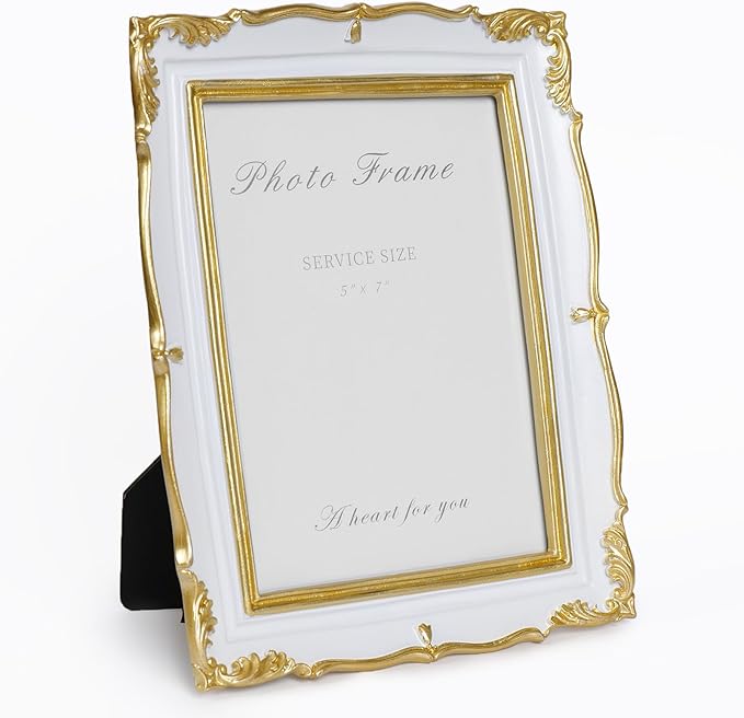 Cuspin 5x7 Picture Frame, White and Gold Vintage Ornate Resin Photo Frame with Glass Front, 5 by 7 Picture Frame for Wall Hanging or Tabletop Display