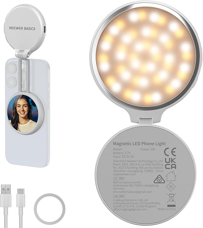NEEWER Basics Magnetic LED Selfie Light Compatible with MagSafe iPhone, Desk Stand Phone Holder with Makeup Mirror 1160lx/0.2m 900mAh CRI95 Fill Lighting for Video Recording Streaming, White NL48R