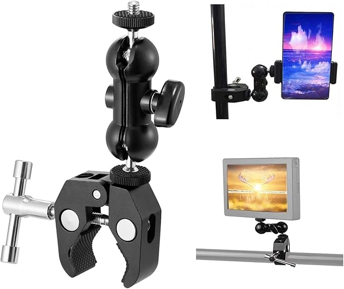 WANBY Double Ballhead Magic Arm Camera Clamp Mount Monitor Mount Bracket with Super Clamp with 1/4" and 3/8" Thread for DSLR Camera Rig, LCD Monitor, LED Flash Lights