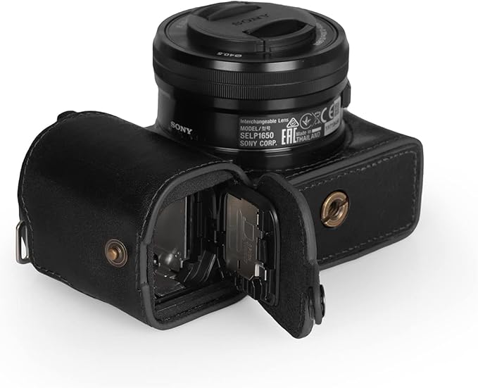 MegaGear Ever Ready Genuine Leather Camera Half Case Compatible with Sony ZV-E10 (Black)