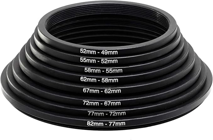 Fotasy Filter Step Down Ring Set, Anodized Metal Black, 8 Stepping Down Lens Adapter Rings, 82-77mm 77-72mm 72-67mm 67-62mm 62-58mm 58-55mm 55-52mm 52-49mm Step Down Ring (SRD)