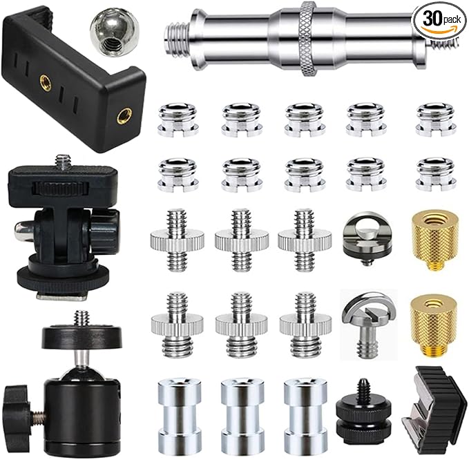 30Pack Camera Tripod Screw Mount Kit 1/4 to 3/8 Inch Threaded Converter Adapter 1/4 Swivel Ball Head and Hot Shoe E Clip for DSLR/Monopod/Flash Light/Quick Release Plate